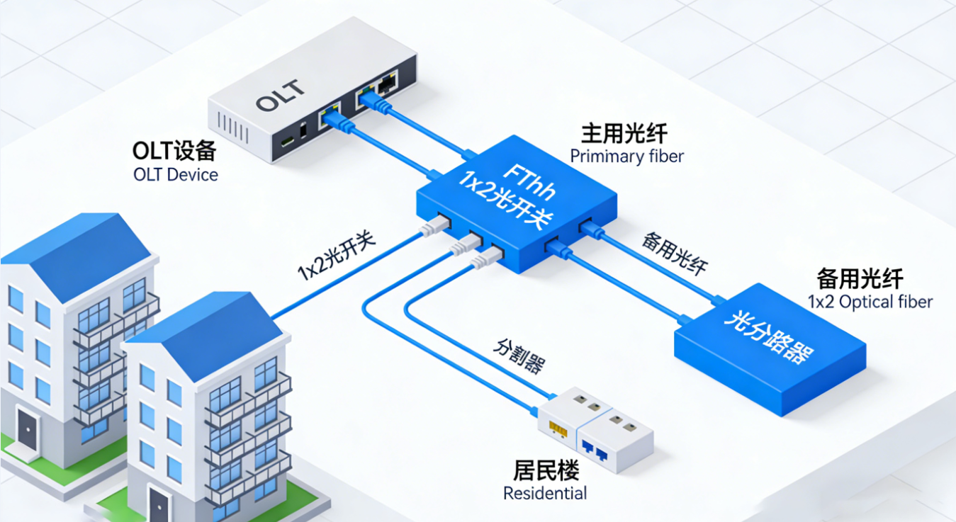 光開(kāi)關(guān)-FTTH自動(dòng)保護(hù)倒換系統(tǒng)架構(gòu)圖 光開(kāi)關(guān)-FTTH自動(dòng)保護(hù)倒換系統(tǒng)架構(gòu)圖